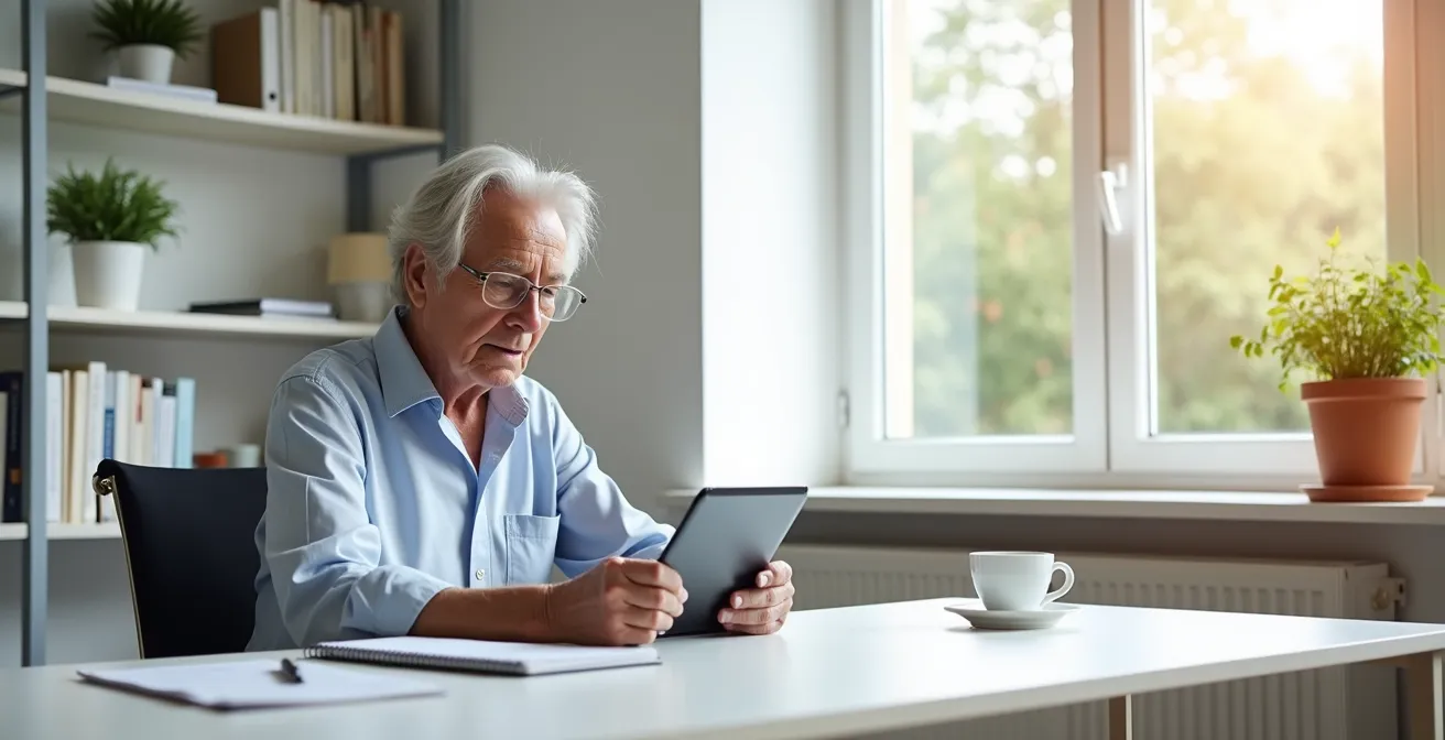 Senior consultant son espace CESU sur tablette avec confirmation visuelle