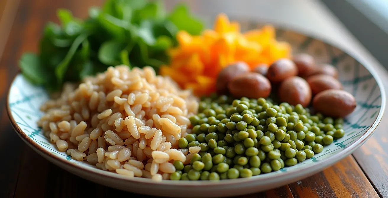 Assiette équilibrée avec riz, lentilles et légumes colorés pour senior