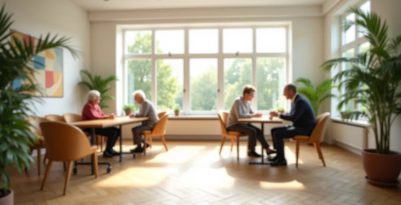 Vue d'ensemble d'une salle d'atelier lumineuse avec seniors en activité