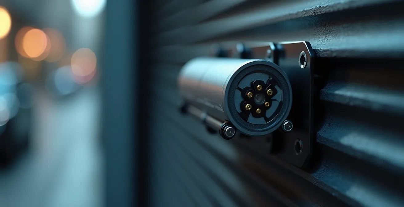 Gros plan sur un système de batterie de secours intégré dans un coffre de volet motorisé