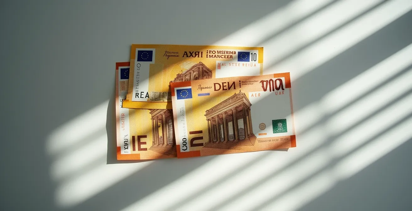 Composition artistique de billets d'euros avec jeu d'ombres évoquant le passage du temps