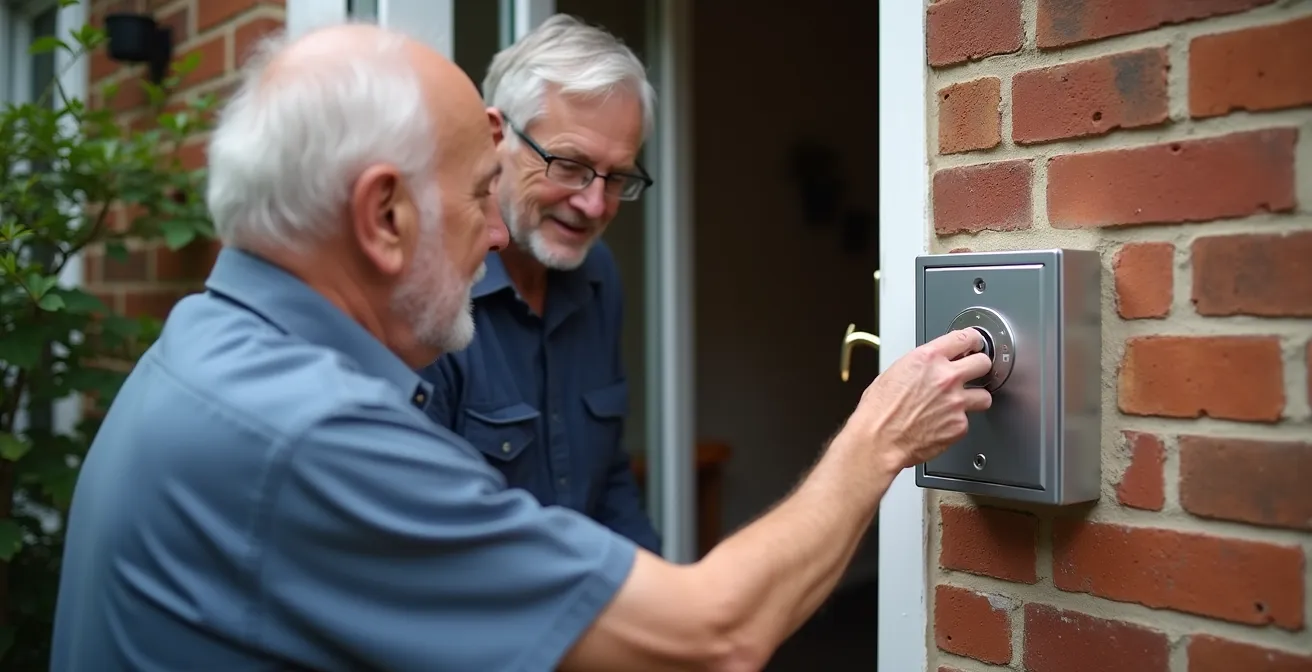 Installation d'une boîte à clés sécurisée sur un mur extérieur par un professionnel