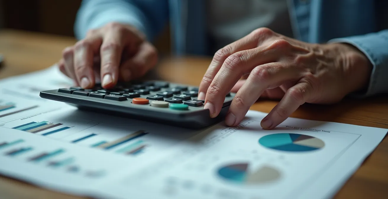 Calculatrice et documents d'assurance sur un bureau avec des mains de senior