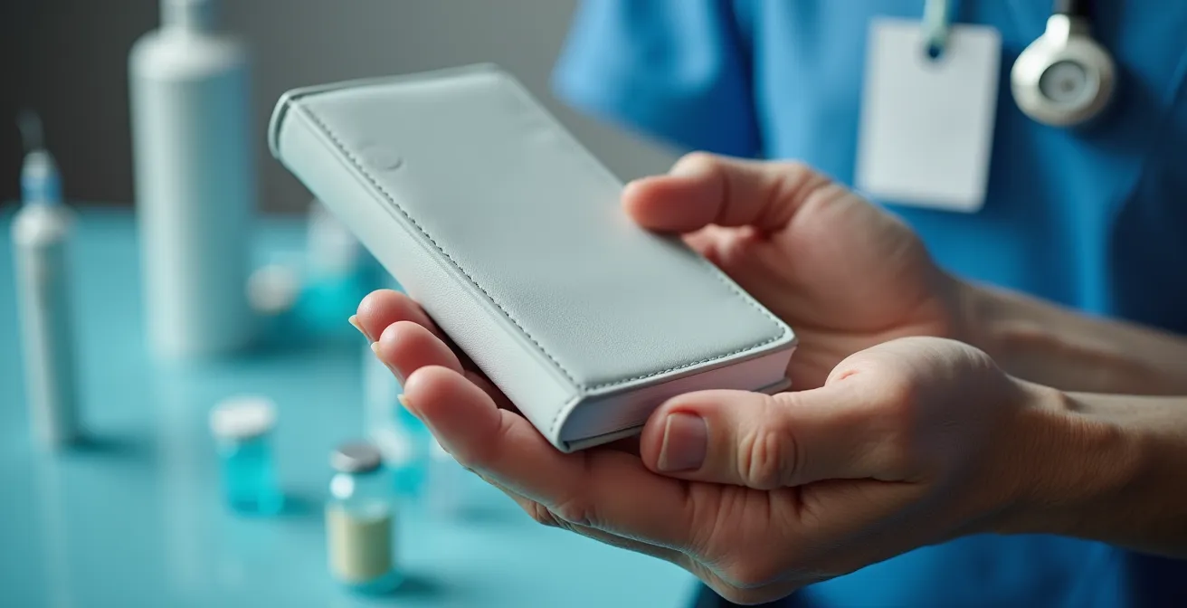 Main de senior tenant un carnet de vaccination avec seringues floues en arrière-plan
