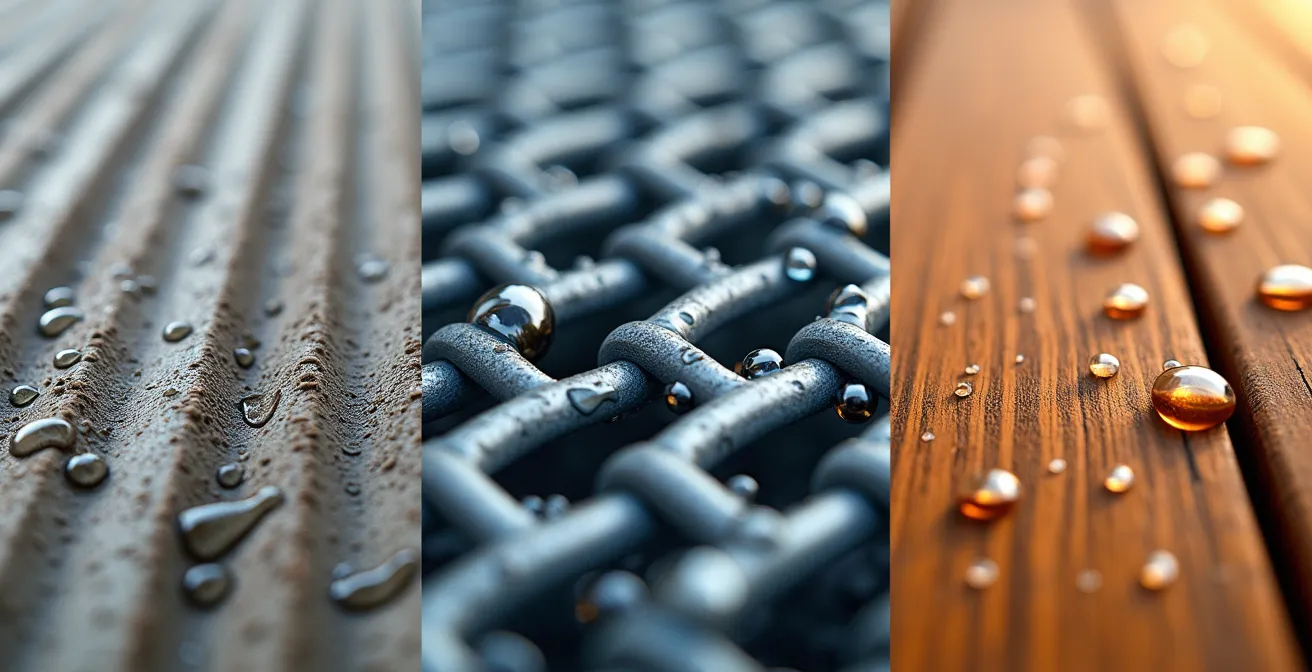 Détail macro de différentes surfaces antidérapantes de rampes d'accès sous la pluie