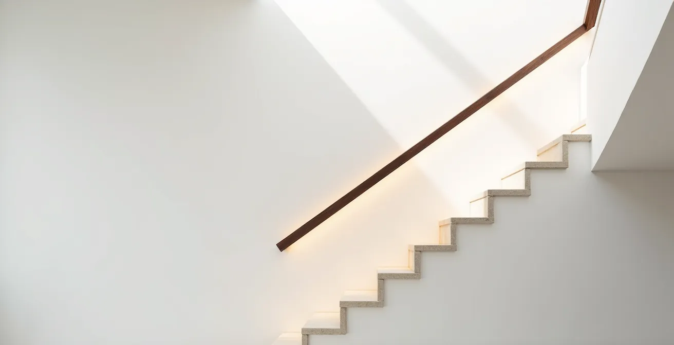 Main courante en bois sombre contrastant avec un mur blanc éclairé par LED