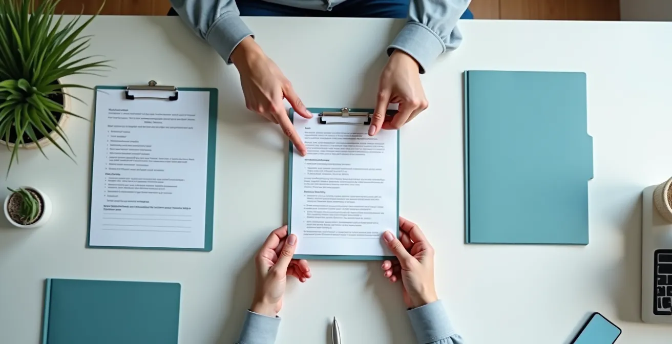 Vue aérienne minimaliste d'un bureau avec documents médicaux organisés et mains de professionnels collaborant