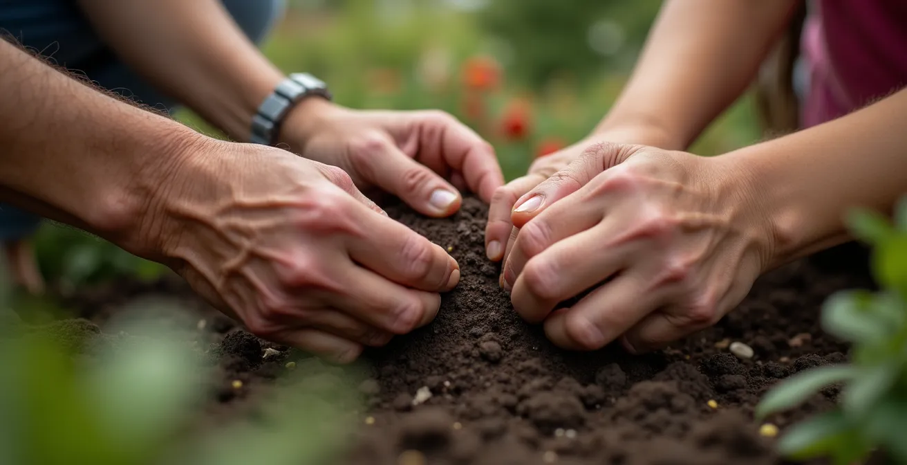 Gros plan sur des mains de différentes générations travaillant ensemble sur un projet associatif