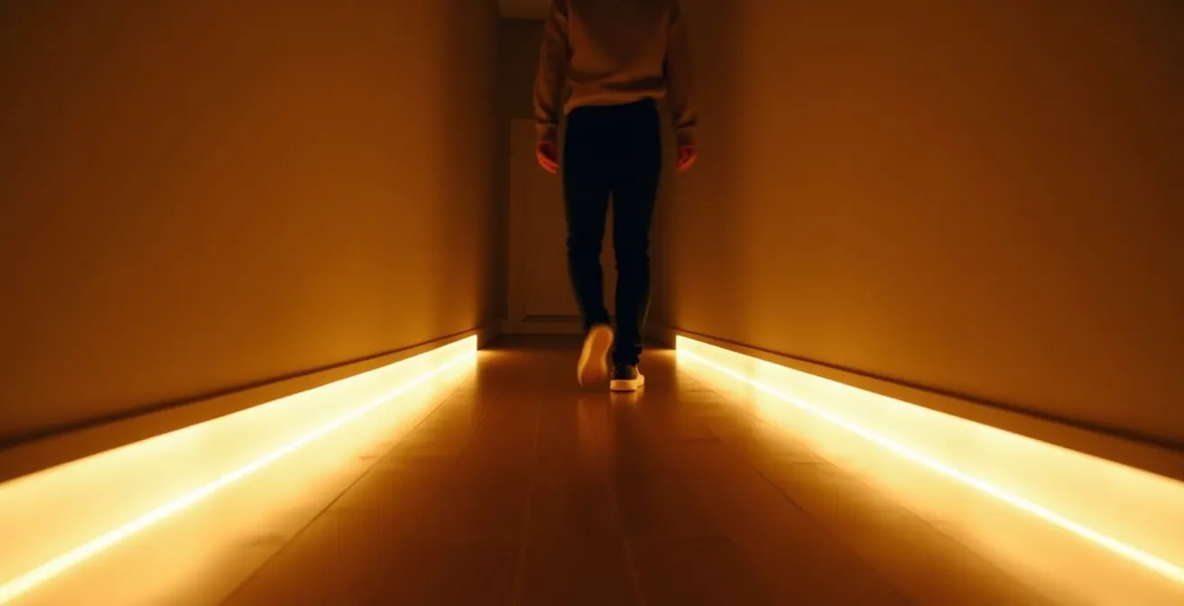 Vue latérale d'un couloir avec éclairage LED indirect rasant le mur sans éblouir