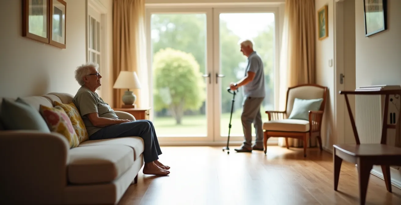 Vue d'ensemble d'un environnement domestique adapté pour senior avec aides techniques