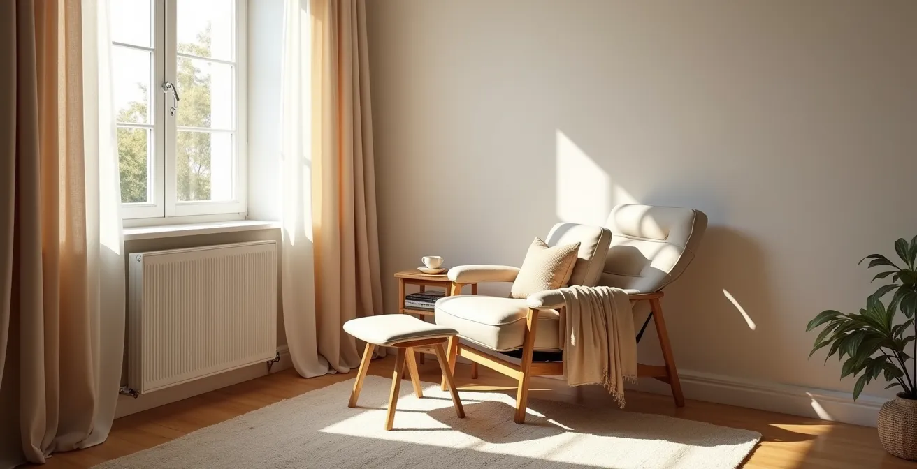 Fauteuil ergonomique placé stratégiquement près d'un radiateur avec accessoires de confort thermique