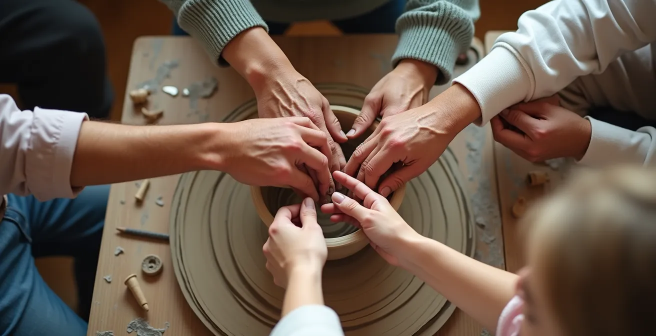 Groupe multigénérationnel partageant un moment créatif autour d'une table d'atelier