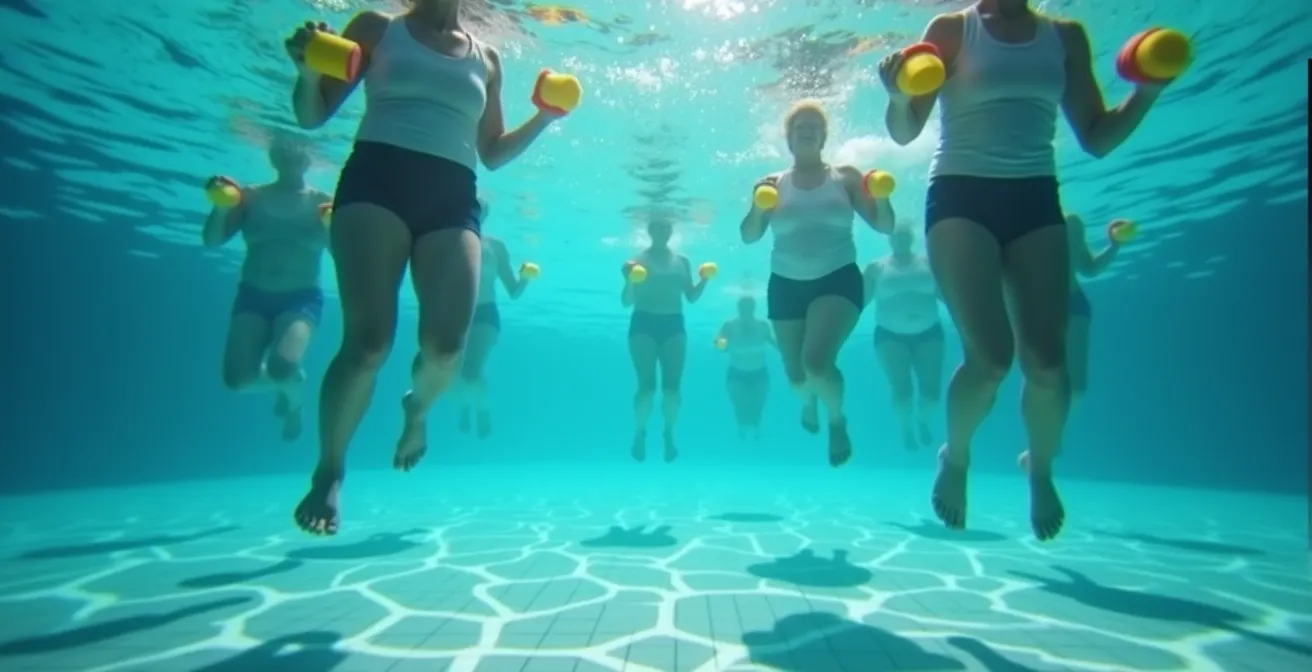 Vue sous-marine partielle de seniors pratiquant l'aquagym avec équipements flottants
