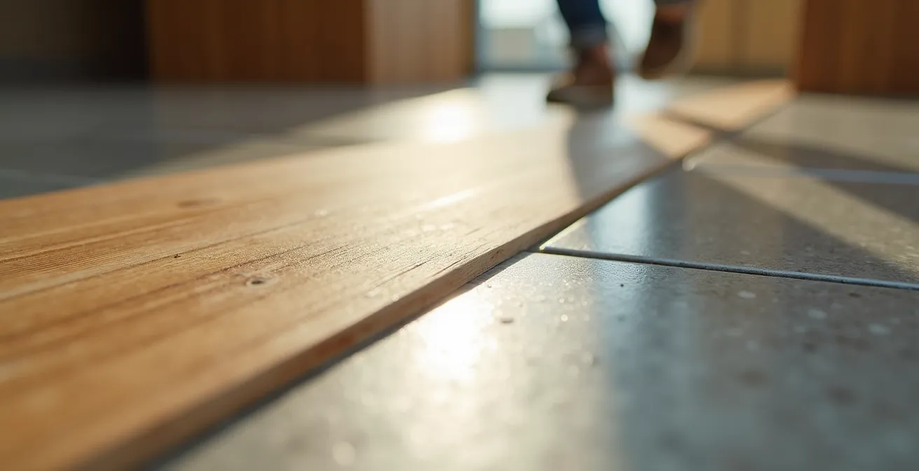 Transition dangereuse entre parquet et carrelage avec barre de seuil métallique brillante