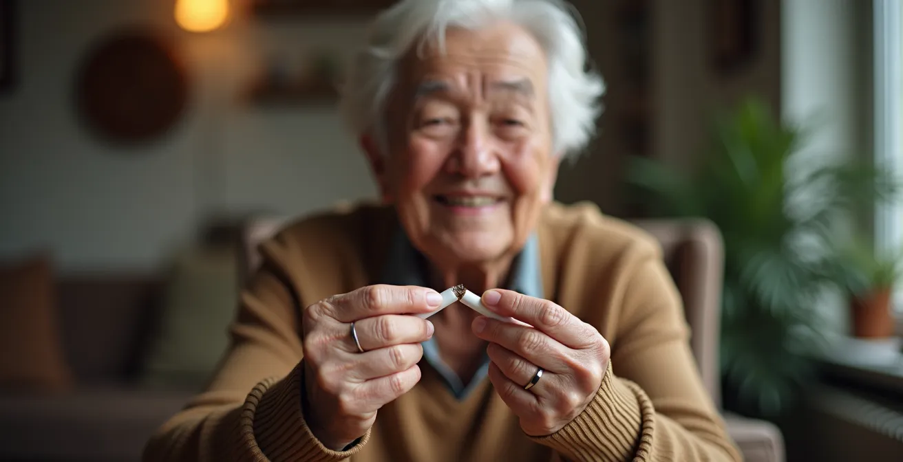 Senior souriant brisant symboliquement des cigarettes dans ses mains