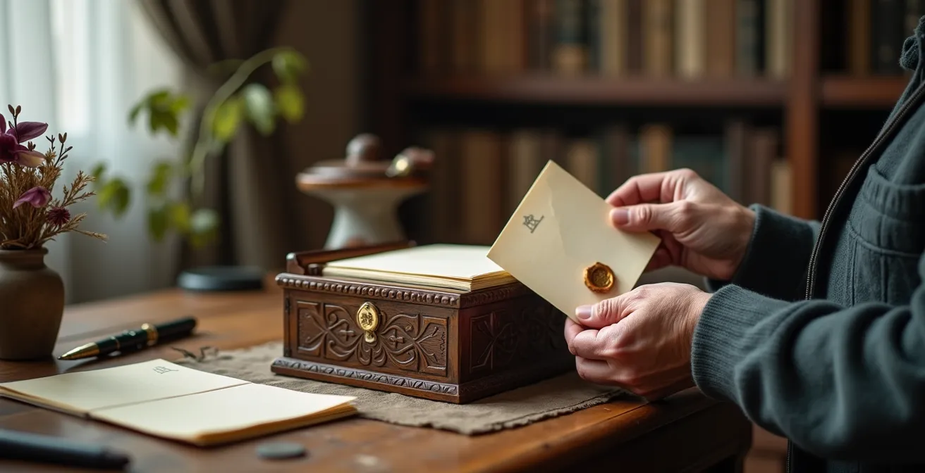 Main âgée posant une lettre manuscrite dans une boîte en bois sur un bureau ancien