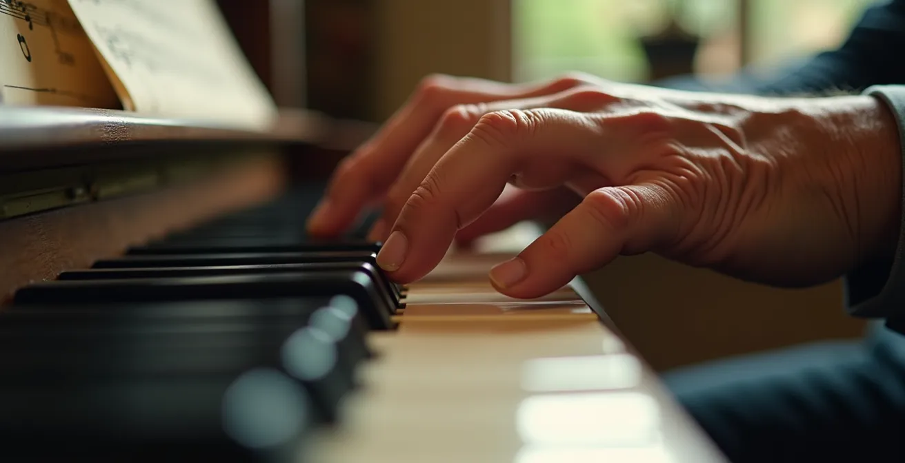 Mains d'une personne âgée jouant du piano avec partition floue en arrière-plan