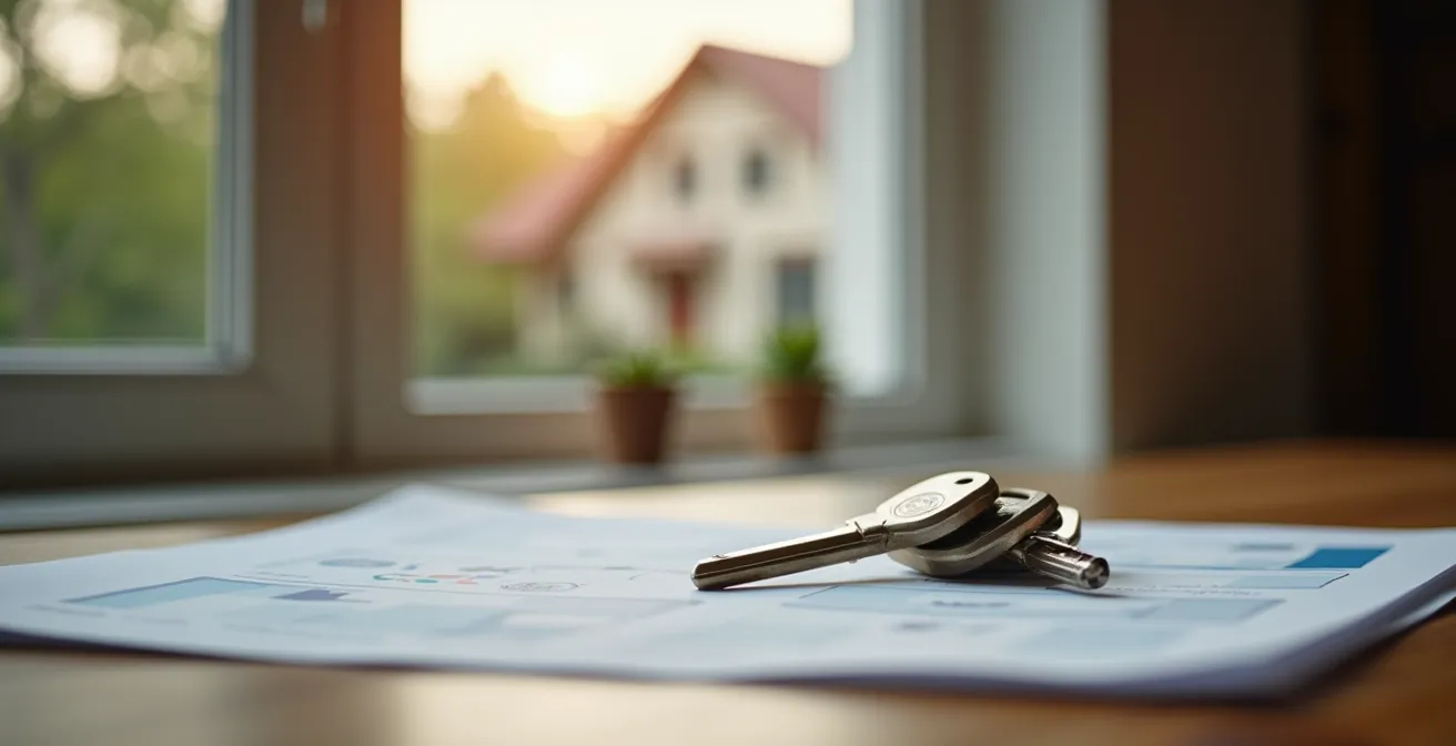 Vue d'une maison familiale avec des clés et des papiers sur une table, évoquant une décision immobilière