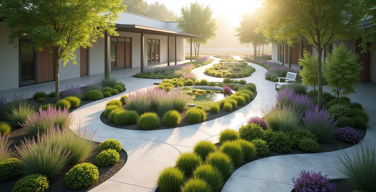 Vue d'ensemble d'un jardin thérapeutique apaisant avec allées accessibles