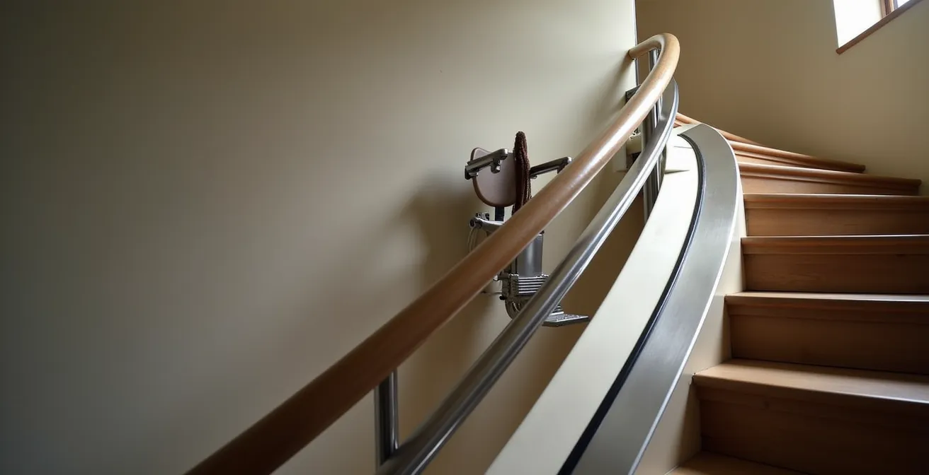 Vue technique d'un monte-escalier courbe montrant la complexité du rail cintré