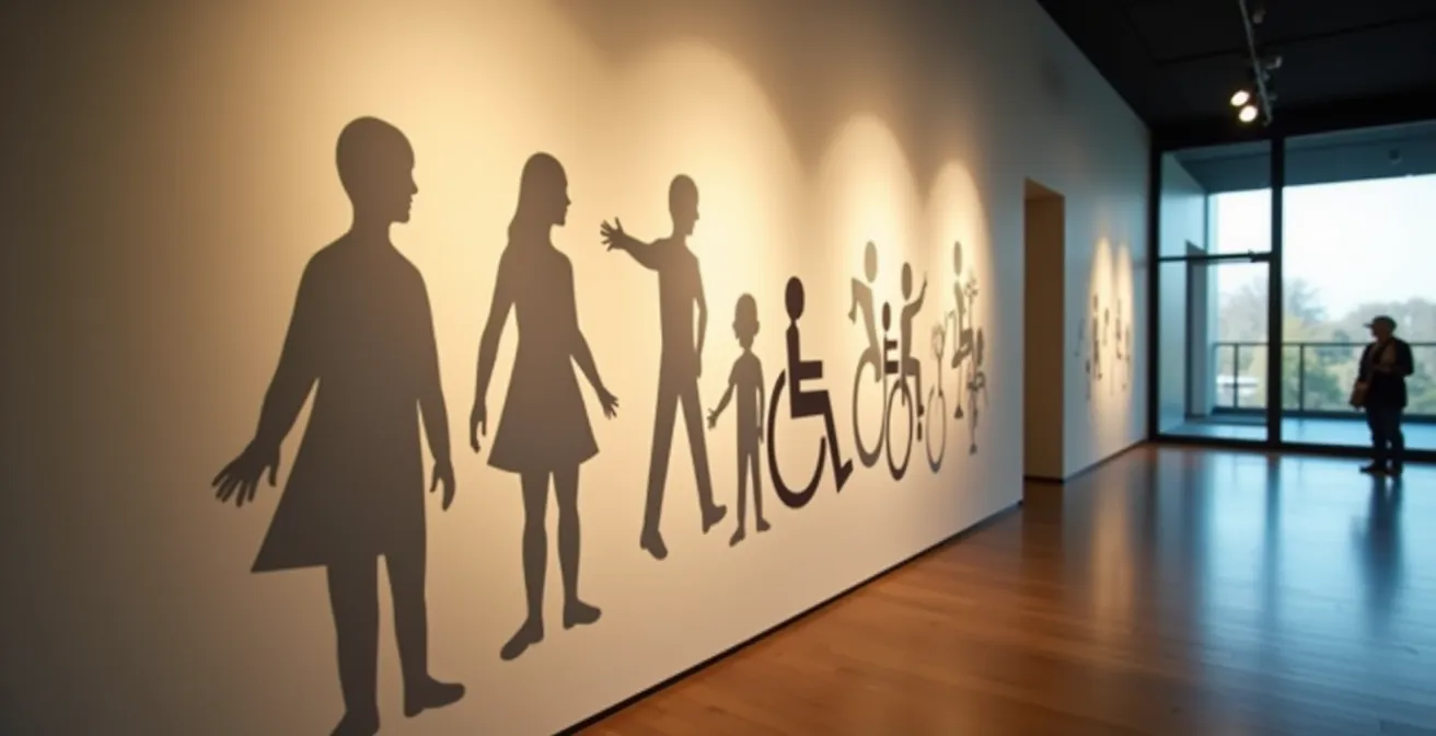 Symboles d'accessibilité abstraits dans un hall de musée