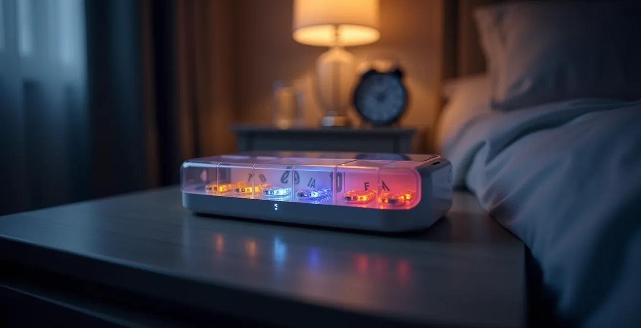 Pilulier électronique moderne avec compartiments éclairés sur table de chevet