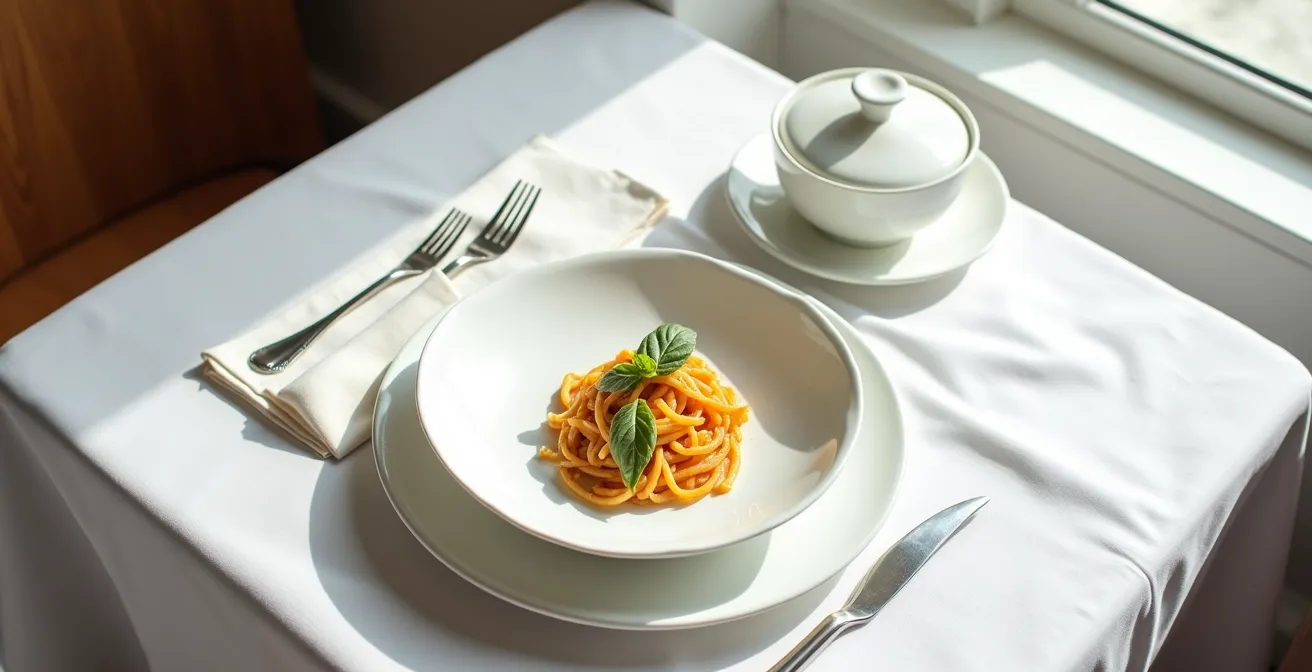 Une portion de repas adaptée présentée dans une vraie assiette sur une table dressée