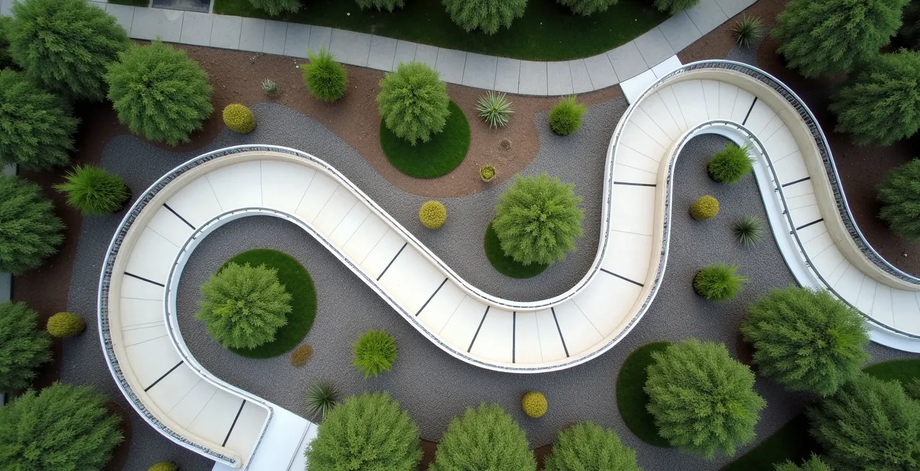 Vue aérienne d'une rampe en lacets avec paliers de repos intégrés dans un jardin