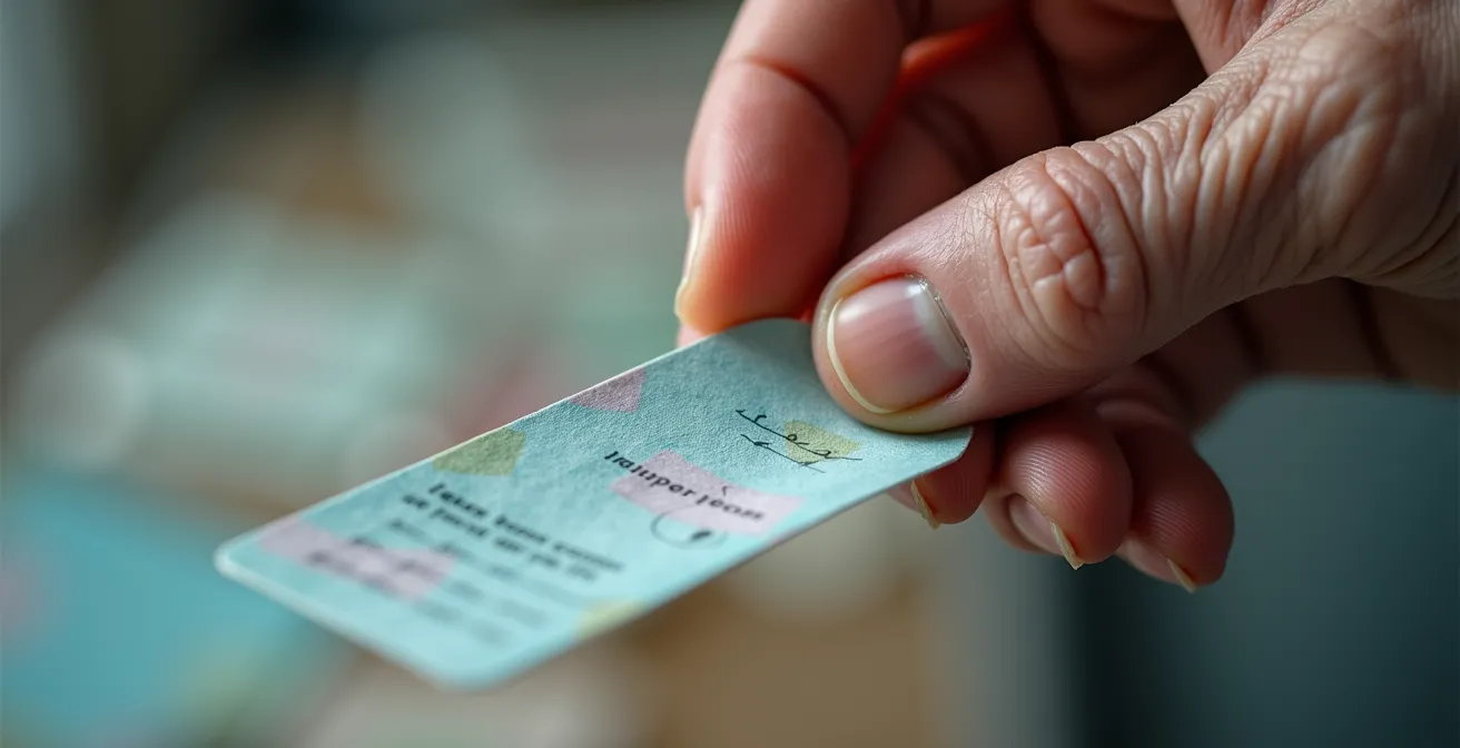 Détail macro d'une main âgée tenant une liste de contacts médicaux avec texture du papier visible