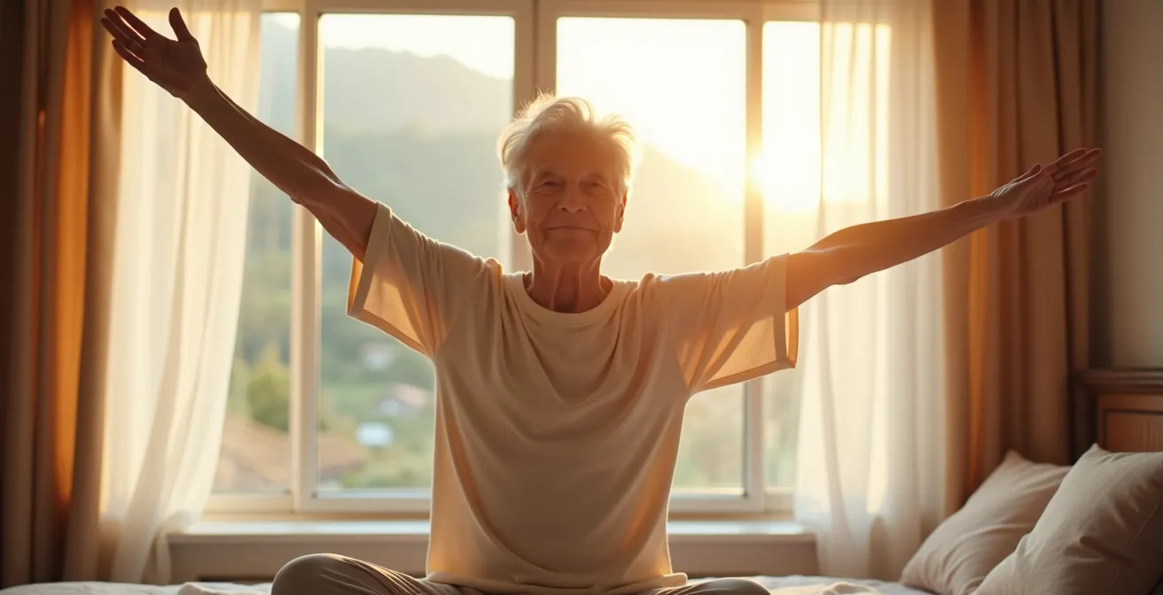 Personne senior faisant des étirements doux devant une fenêtre lumineuse au lever du soleil