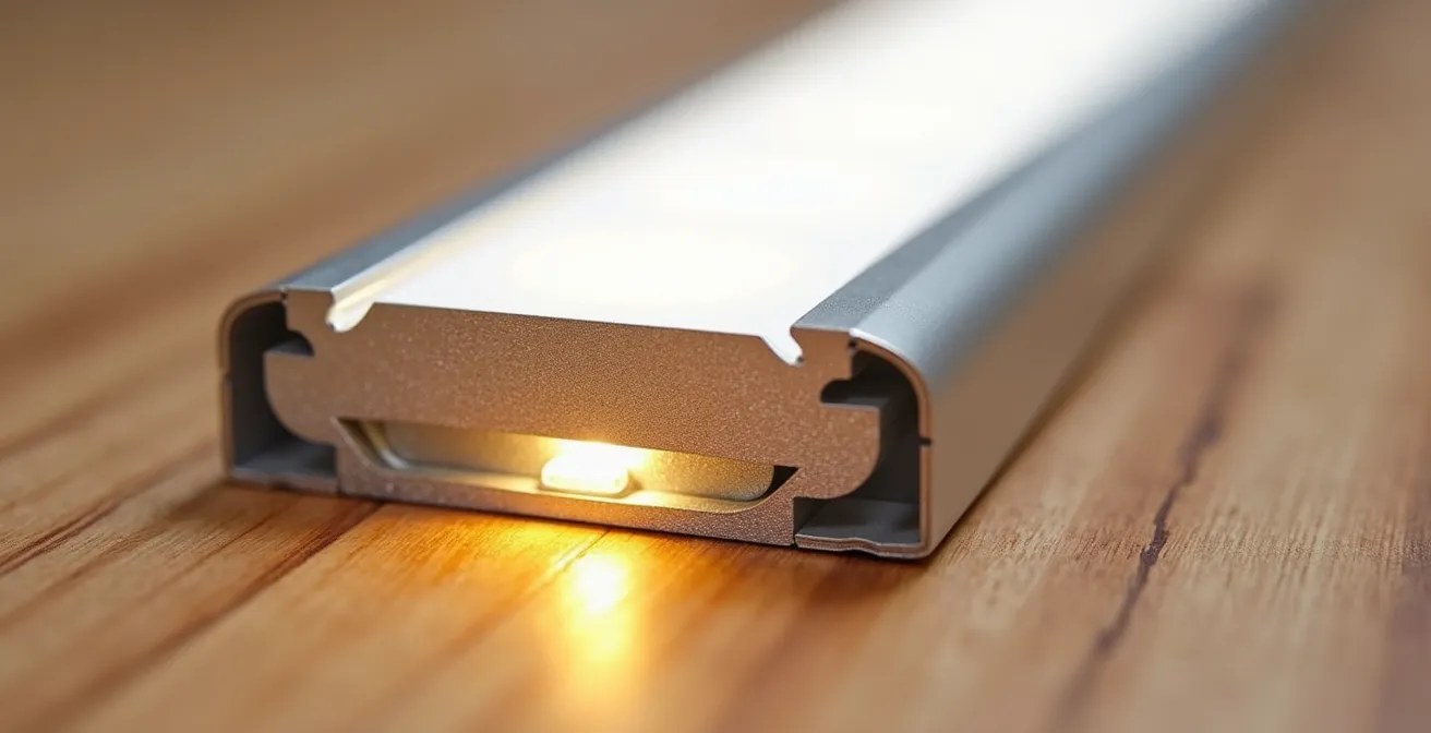 Gros plan sur un profilé aluminium extra-plat avec diffuseur opale intégré au sol