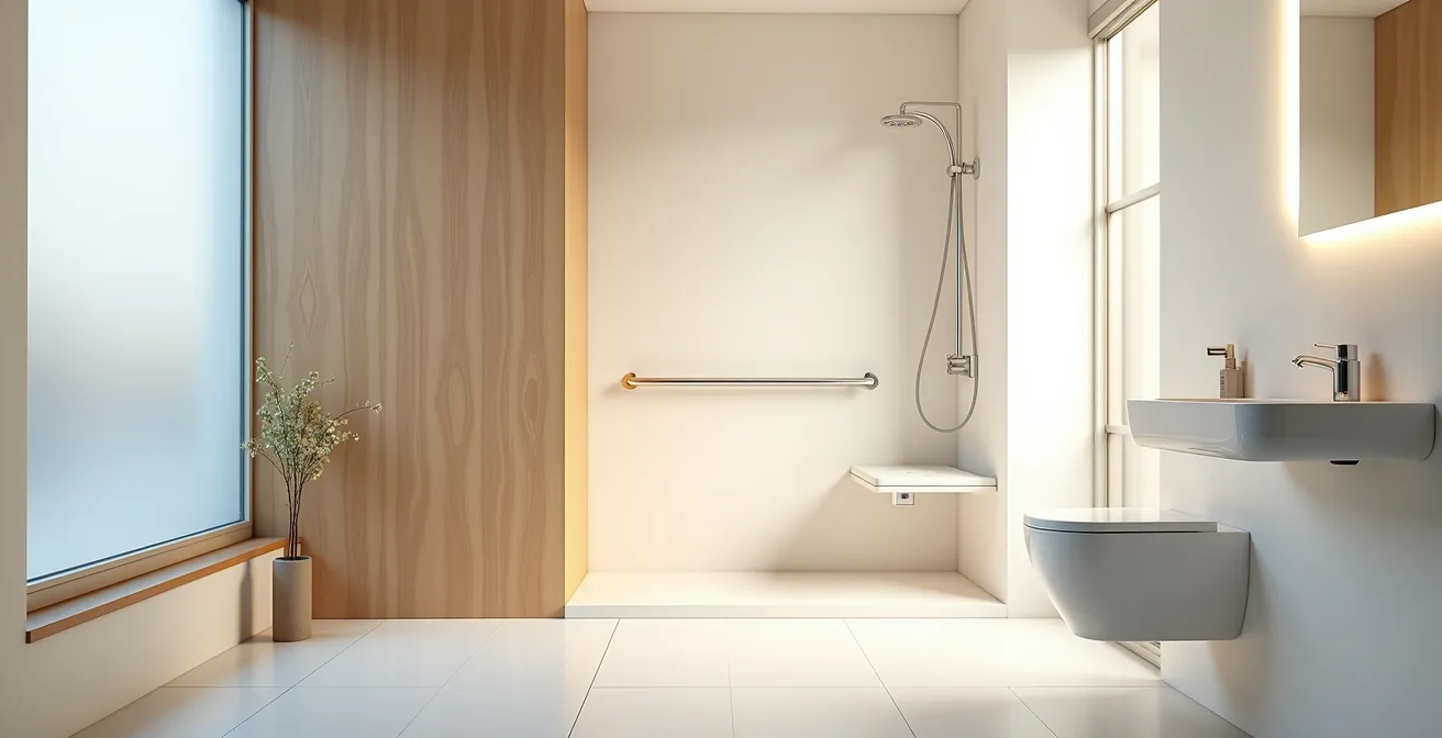 Salle de bain adaptée avec siège de douche et barres d'appui dans un environnement lumineux