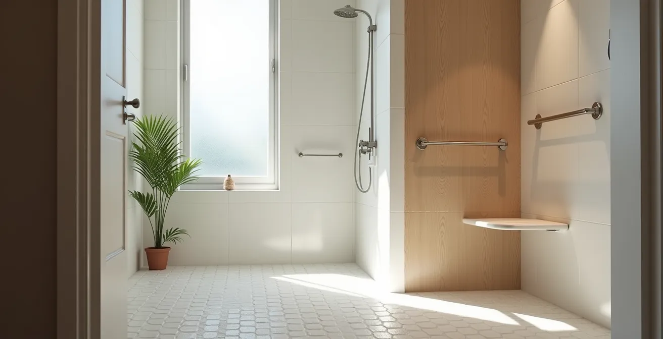 Vue d'ensemble d'une salle de bain moderne et sécurisée pour seniors, équipée de barres d'appui et d'un sol antidérapant.