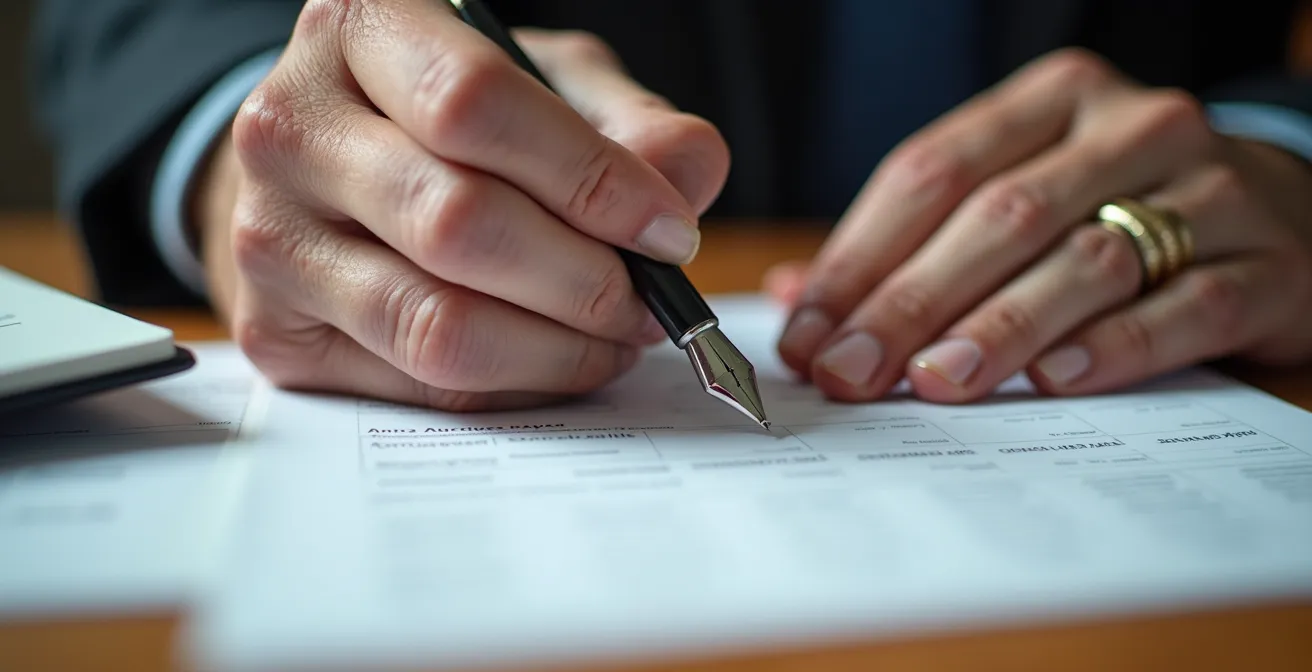 Gros plan sur les mains d'une personne senior annotant des documents financiers avec un stylo plume