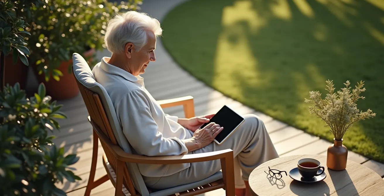 Vue minimaliste d'un senior utilisant une tablette pour du bénévolat en ligne depuis son jardin