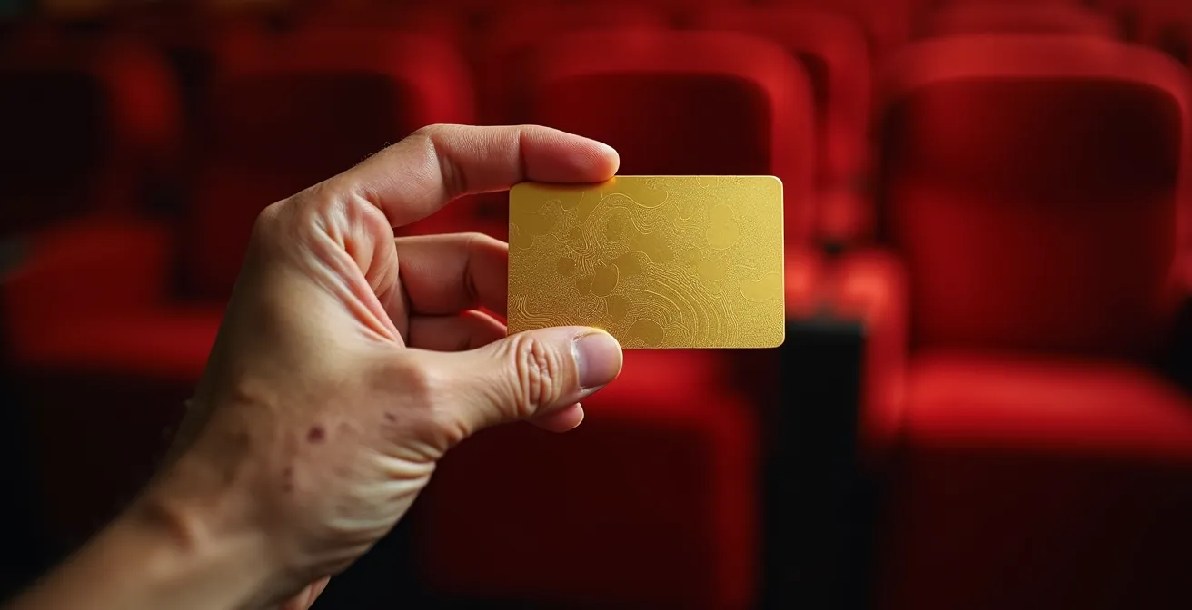 Main de senior tenant une carte de réduction cinéma dorée