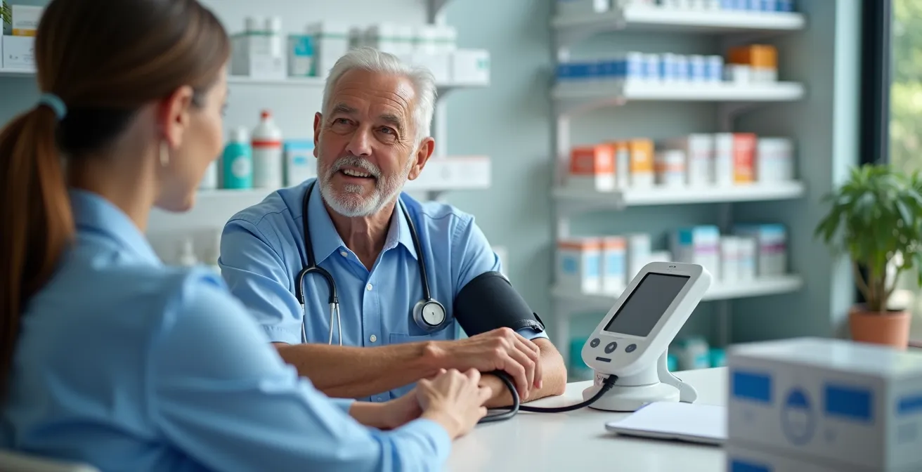 Personne âgée testant différents modèles de tensiomètres en pharmacie avec l'aide d'un professionnel