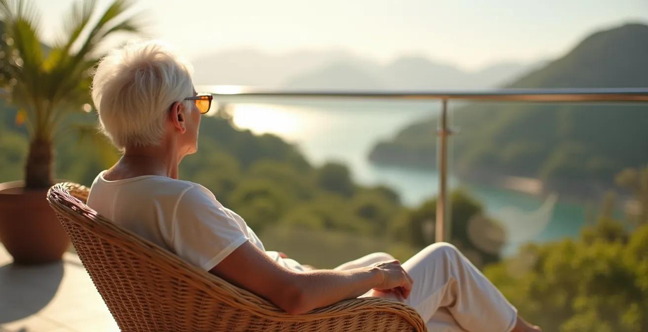 Senior détendu sur une terrasse d'hôtel avec vue panoramique, profitant d'un moment de repos