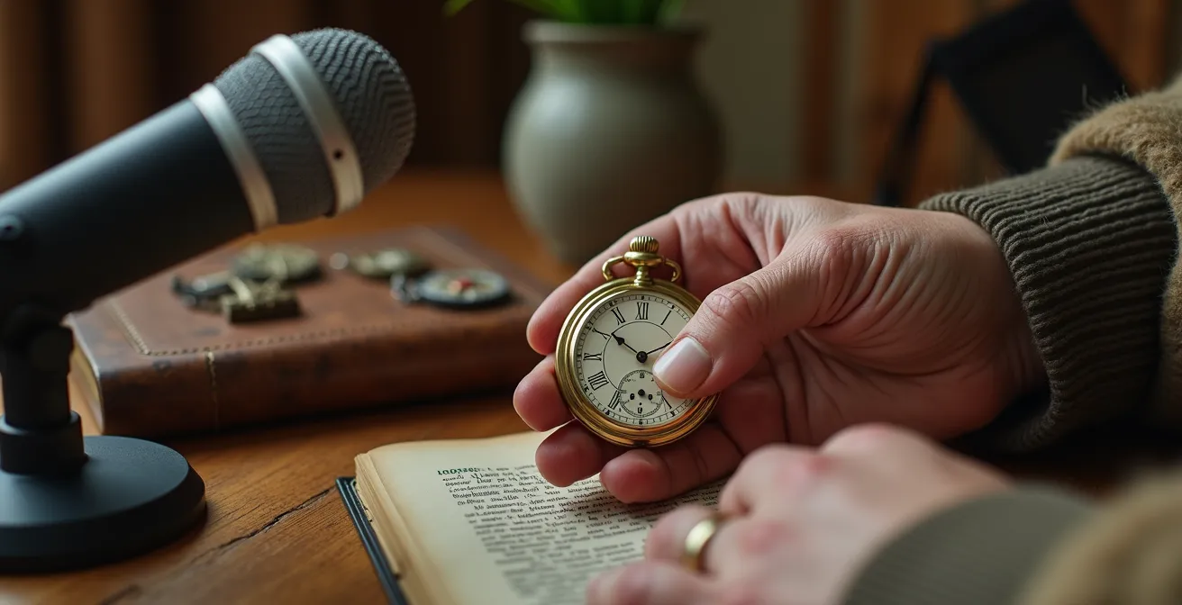 Personne âgée enregistrant ses souvenirs avec un micro vintage devant des objets personnels