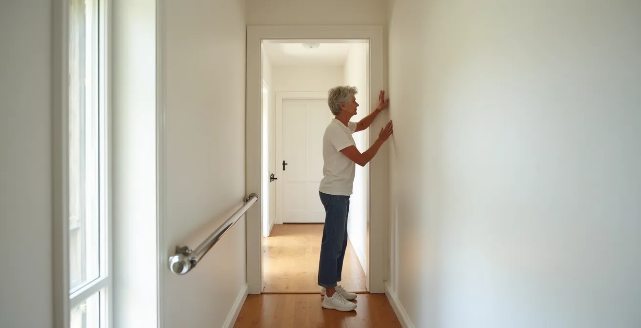 Personne âgée active inspectant les points d'appui dans son couloir