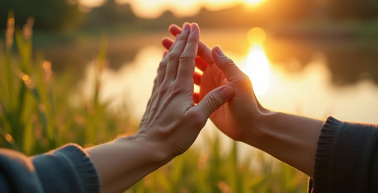 Senior pratiquant le tai-chi au bord d'un lac au lever du soleil