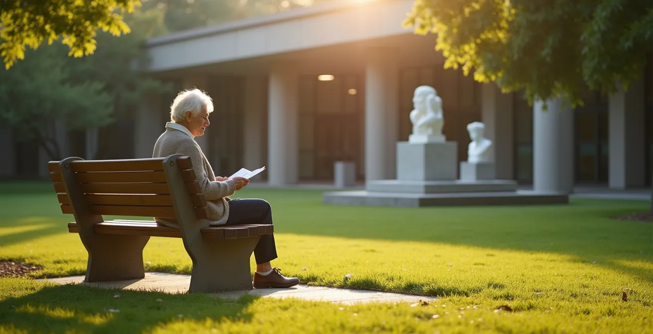 Senior assis sur un banc dans le jardin paisible d'un musée