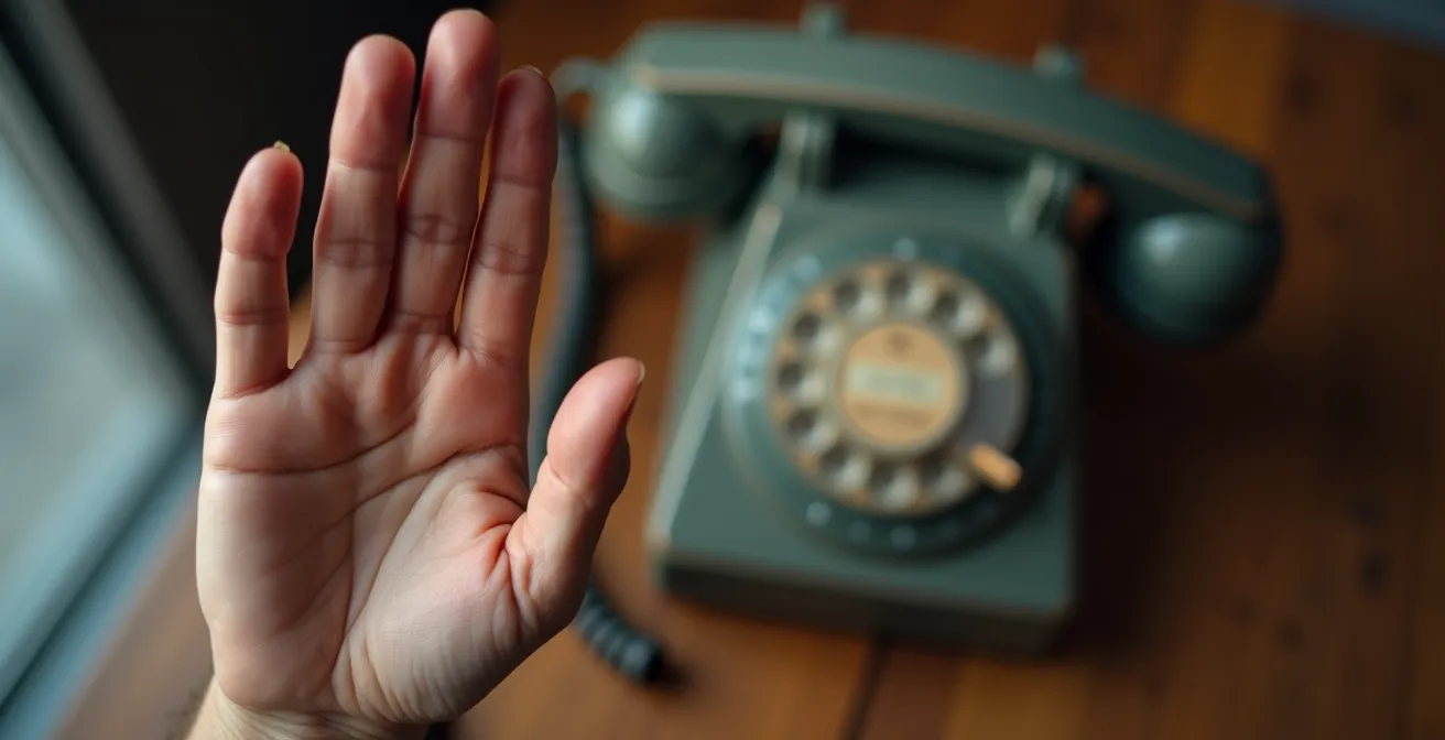 Main de senior faisant un geste d'arrêt face à un téléphone