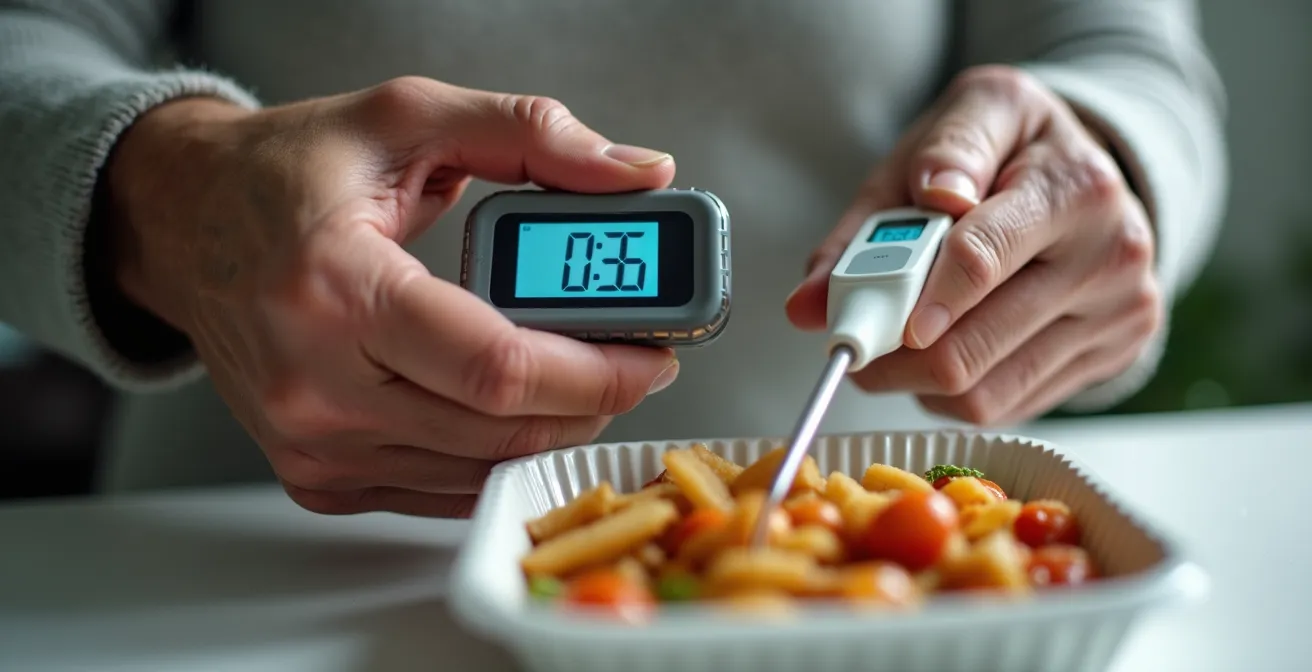 Un senior vérifiant attentivement la température de son repas livré avec un thermomètre adapté