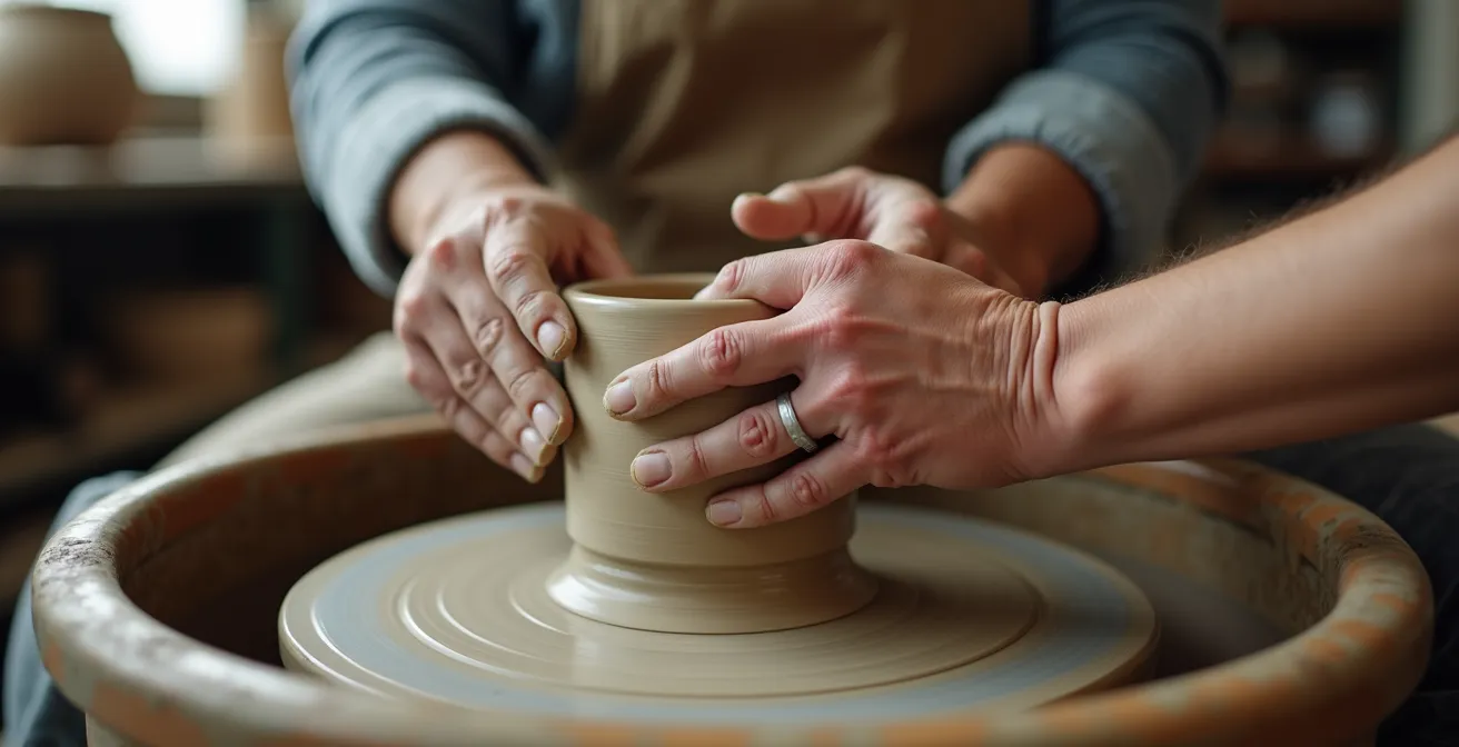 Seniors et jeunes adultes collaborant autour d'un atelier de poterie dans un espace lumineux