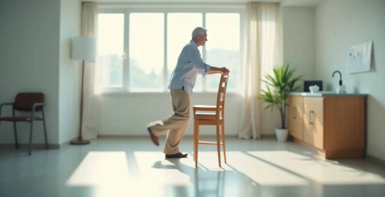 Vue de profil d'une personne âgée se levant d'une chaise sans utiliser les accoudoirs pour évaluer sa force musculaire.