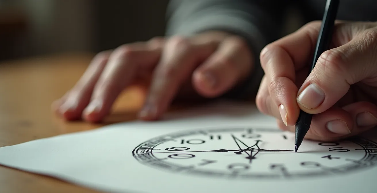 Gros plan sur les mains d'une personne âgée dessinant une horloge lors d'un test cognitif
