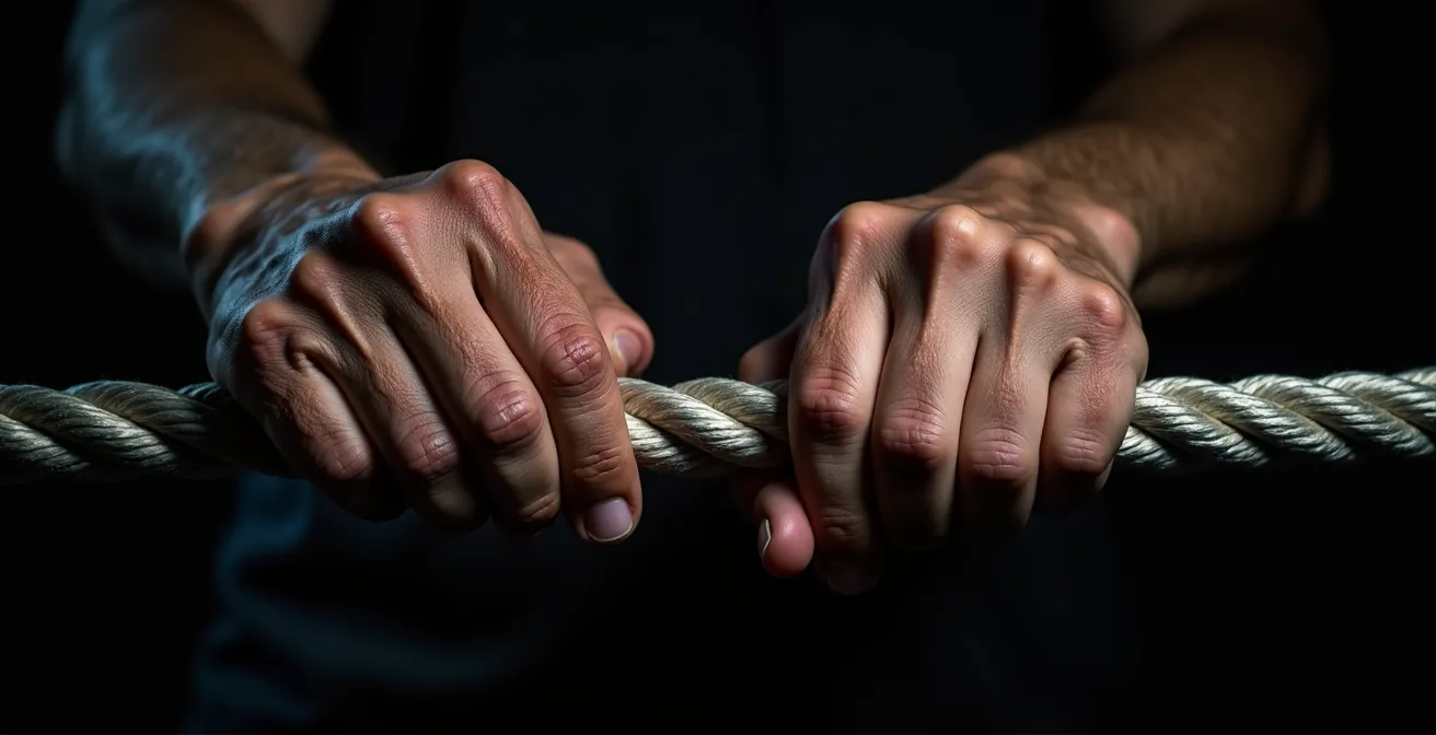 Métaphore visuelle du compagnon de cordée représentée par deux mains, l'une plus âgée et l'autre plus jeune, tenant ensemble une corde