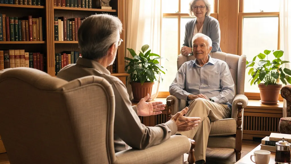 Salon bibliothèque chaleureux en résidence senior avec deux seniors européens discutant