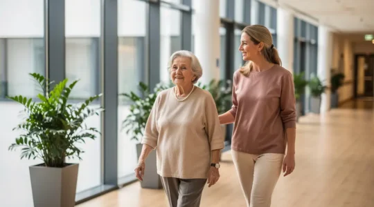 Senior européen visitant une résidence lumineuse à Lille avec sa fille adulte